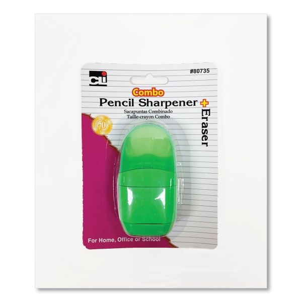 Charles Leonard One-Hole Pencil Sharpener/Eraser Combo, 1" X 0.75", Randomly Assorted Colors