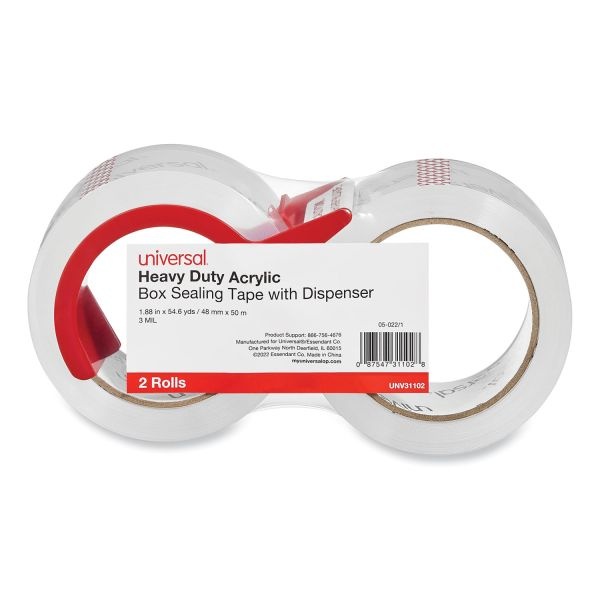 Universal Heavy-Duty Acrylic Box Sealing Tape With Dispenser, 3" Core, 1.88" X 54.6 Yds, Clear, 2/Pack