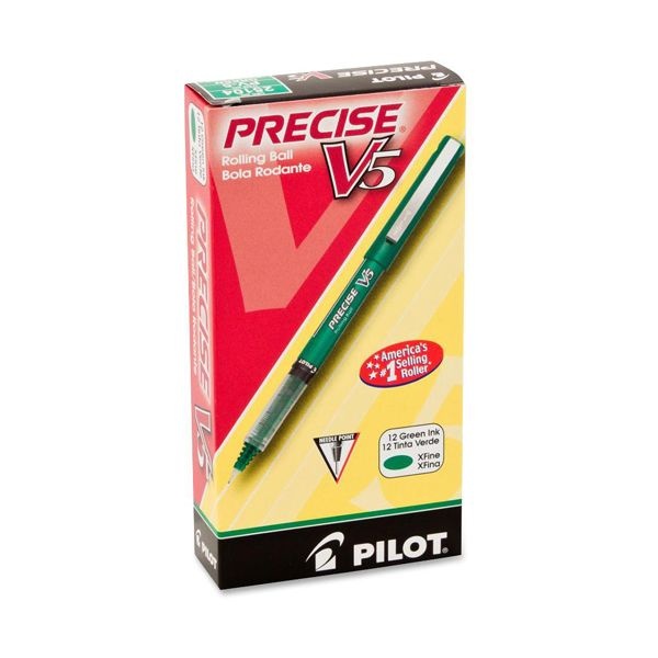 Pilot Precise V5 Roller Ball Pen, Stick, Extra-Fine 0.5 Mm, Green Ink, Green/Clear Barrel, Dozen