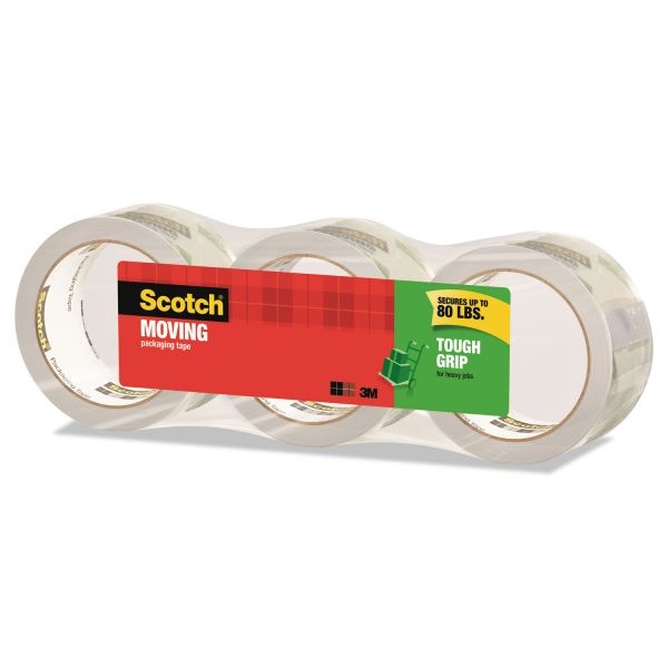 Scotch Tough Grip Moving Packaging Tape, 3" Core, 1.88" X 38.2 Yds, Clear, 3/Pack