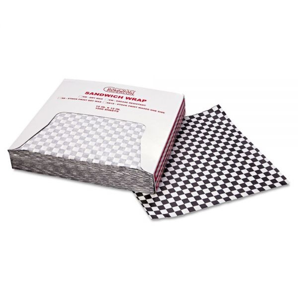 Bagcraft Grease-Resistant Paper Wraps And Liners, 12 X 12, Black Check, 1,000/Box, 5 Boxes/Carton