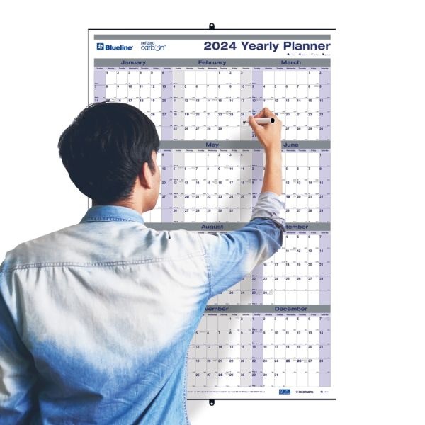 2024 Blueline Net Zero Carbon Laminated Yearly Wall Calendar, 24" X 36