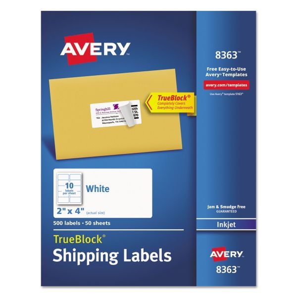 Avery Shipping Labels W/ Trueblock Technology, Inkjet Printers, 2 X 4, White, 10/Sheet, 50 Sheets/Box
