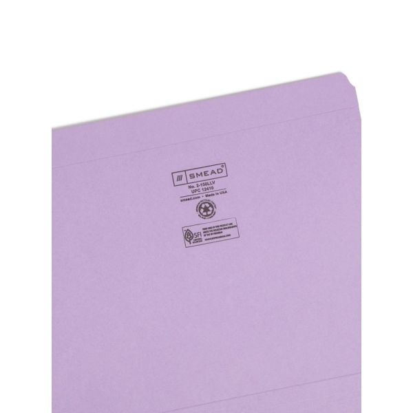 Smead File Folders, Letter Size, Straight Cut, Lavender, Box Of 100