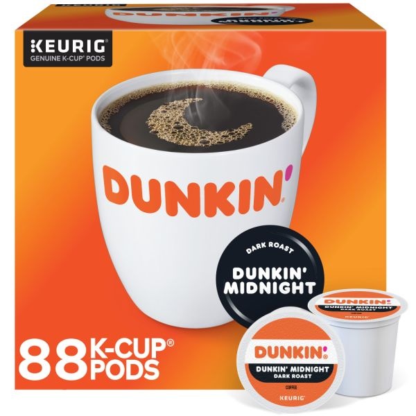 Dunkin' Donuts Single-Serve Coffee K-Cups, Dark Roast, Carton Of 4 Cups, Box Of 22 Cartons