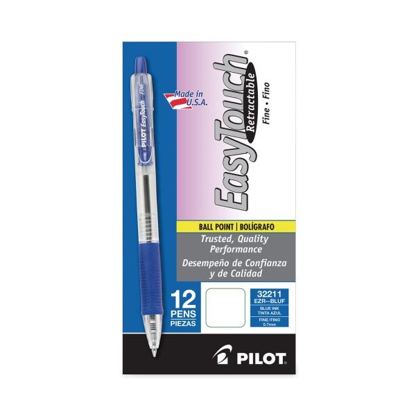 Pilot Easytouch Ballpoint Pen, Retractable, Fine 0.7 Mm, Blue Ink, Clear Barrel, Dozen