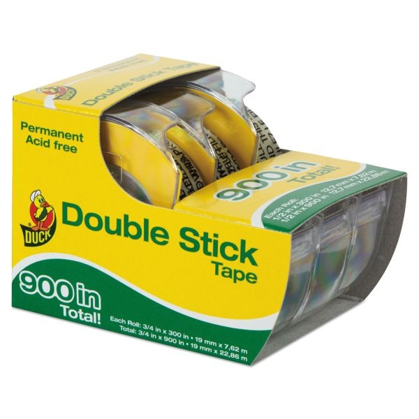 Duck Permanent Double-Stick Tape With Dispenser, 1" Core, 0.5" X 25 Ft, Clear, 3/Pack