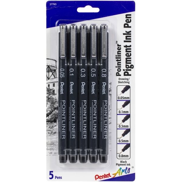 Pentel Arts Pointliner Pigment Ink Pen Assorted Sizes 5/Pkg