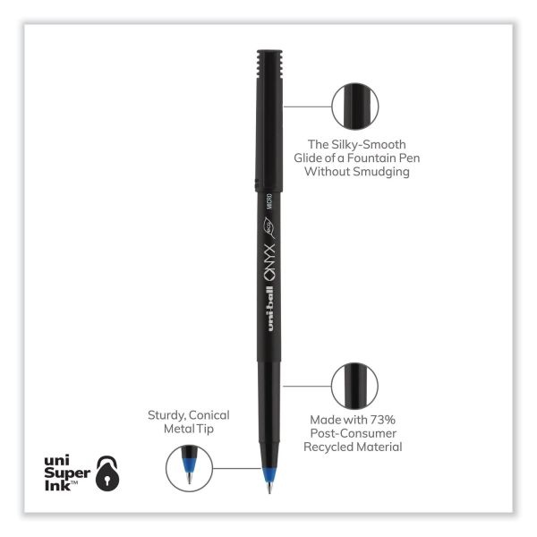Uniball Onyx Roller Ball Pen, Stick, Extra-Fine 0.5 Mm, Blue Ink, Black/Blue Barrel, Dozen