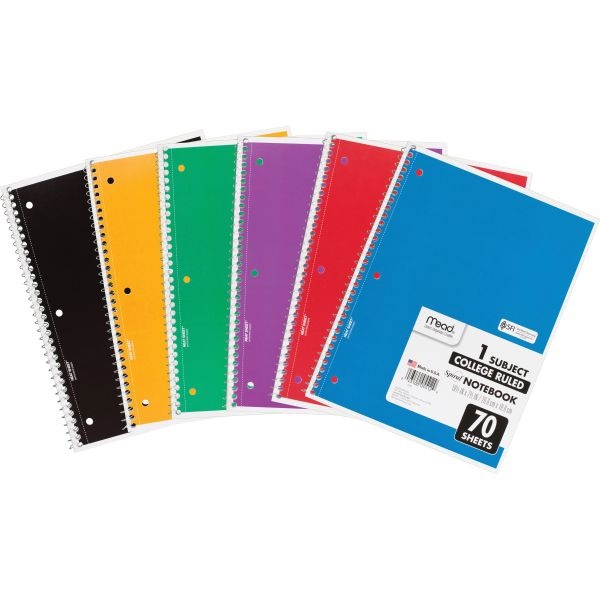 Mead Spiral Notebook, 3-Hole Punched, 1 Subject, Medium/College Rule, Randomly Assorted Covers, 10.5 X 7.5, 70 Sheets