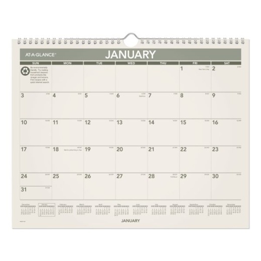 At-A-Glance Recycled Wall Calendar, Unruled Blocks, 15 x 12, Sand/Green Sheets, 12-Month (Jan to Dec): 2025