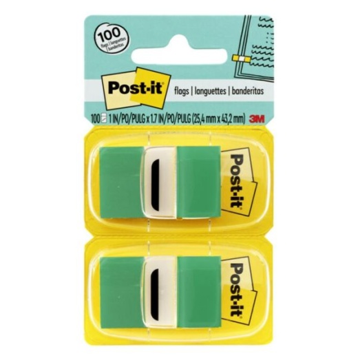 Post-it Flags, 1" x 1 -11/16", Green, 50 Flags Per Pad, Pack Of 12 Pads