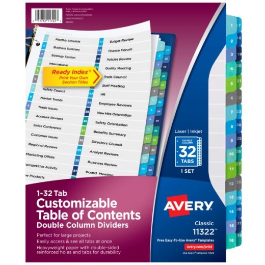 Avery Ready Index 1-32 Tab Double Column Binder Dividers With Customizable Table Of Contents