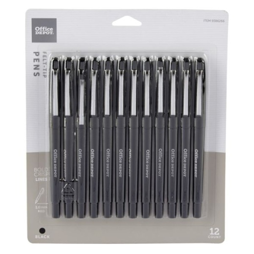 Felt-Tip Porous Pens, Medium Point, 1.0 Mm, Black Barrels, Black Ink, Pack Of 12 Pens