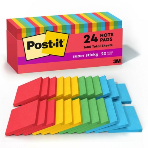 Post-It Super Sticky Notes, 24 Pads, 3 In X 3 In, 2X The Sticking Power, School Supplies And Office Products, Sticky Notes - 65424Ssancp