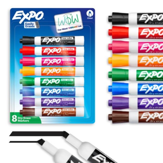 Expo Low-Odor Dry-Erase Markers, Chisel Point, Assorted Intense Colors, Pack Of 8