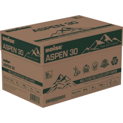 Boise Aspen 30 Multi-Use Printer & Copier Paper, Letter Size (8 1/2 X  11), 5000 Total Sheets, 92 (U.S.) Brightness, 20 Lb, 30% Recycled, Fsc  Certified, White, 500 Sheets Per Ream, Case Of 10 Reams