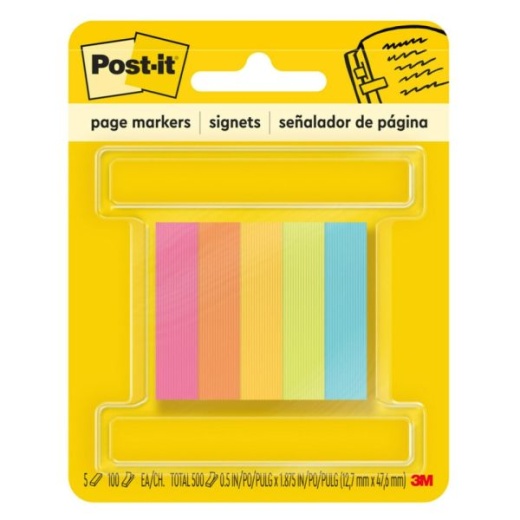 Post-it Notes Page Markers, 1/2" x 2", Electric Glow Colors, 100 Per Pad, Pack Of 5 Pads