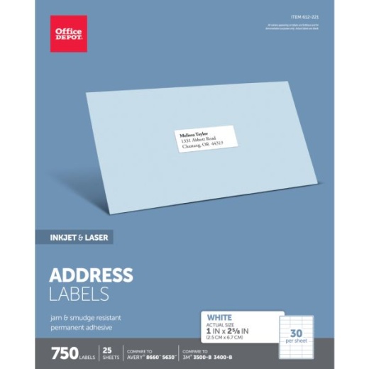 Office Depot Inkjet/Laser Address Labels, Rectangle, 1" x 2 5/8", White, Pack of 750