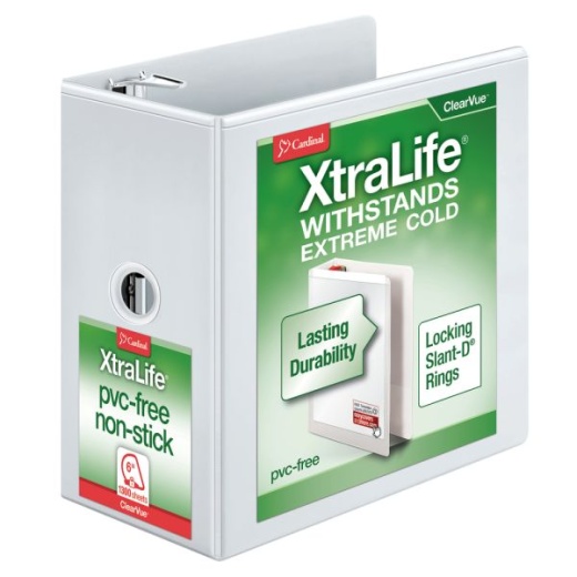 Cardinal Xtralife Clearvue Nonstick Locking Slant 3-Ring Binder, 6" D-Rings, White