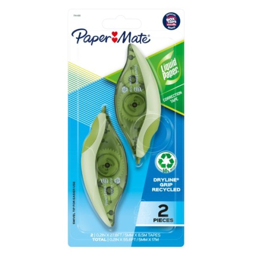 Paper Mate Liquid Paper DryLine Grip Correction Tape, 1 Line x 335", Pack Of 2