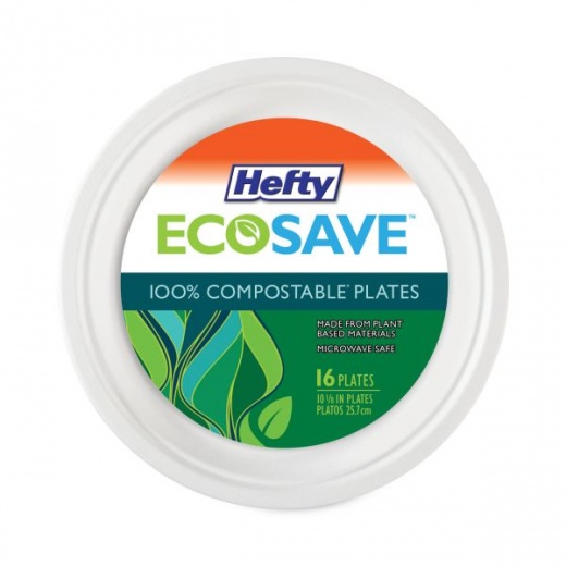 Hefty Ecosave Tableware, Plate, Bagasse, 10.13" Dia, White, 16/Pack, 12 Packs/Carton