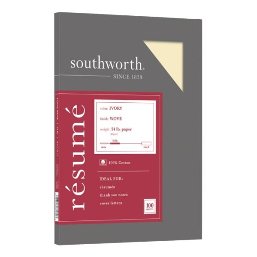 Southworth 100% Cotton Résumé Paper, 8 1/2" x 11", 24 Lb, 100% Recycled, Ivory, Pack Of 100