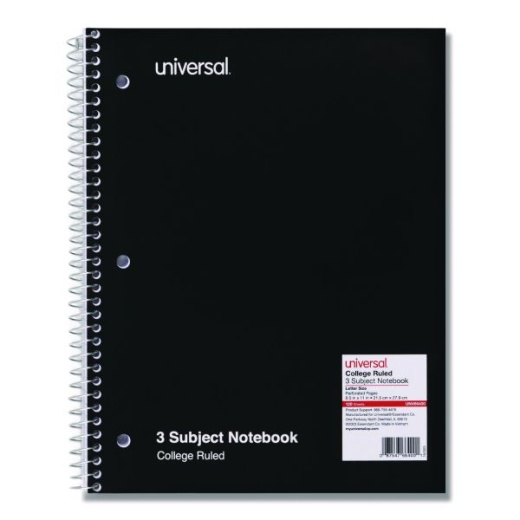 Universal Wirebound Notebook, 3-Subject, Medium/College Rule, Black Cover