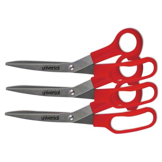 Universal General Purpose Stainless Steel Scissors, 7.75" Long, 3" Cut Length, Offset Red Handle, 3/Pack