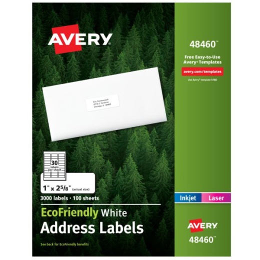 Avery Ecofriendly Address Labels, 48460, Rectangle, 1" x 2-5/8", White, Pack Of 3,000