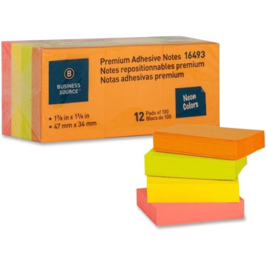 Business Source Premium Repositionable Adhesive Notes - 1 1/2" x 2" - Rectangle - Unruled - Neon