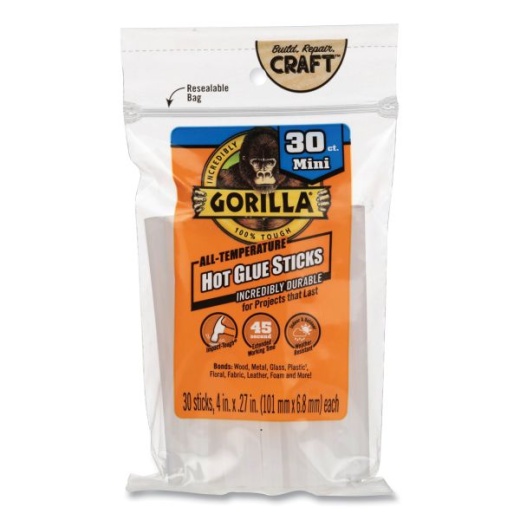 Gorilla Mini Hot Glue Sticks, 0.27" Dia X 4", Dries Clear, 30/Pack