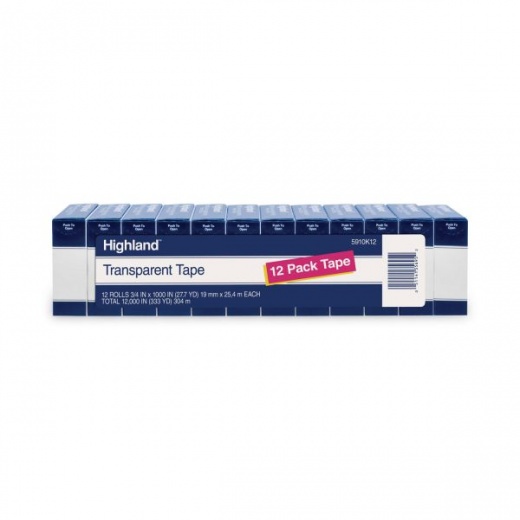 Highland Transparent Tape, 1" Core, 0.75" X 83.33 Ft, Clear, 12/Pack