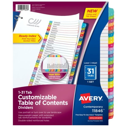 Avery Ready Index 1-31 Tab With Customizable Table Of Contents Binder Dividers