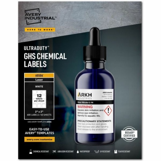 Avery Ultraduty GHS Chemical Labels 2" x 2", White, Box Of 600