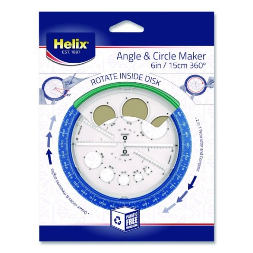 Maped Helix 360 Degree Angle And Circle Maker 2-In-1 Protractor And Compass Tool, 2" Ruler Edge, Plastic, Randomly Assorted Color