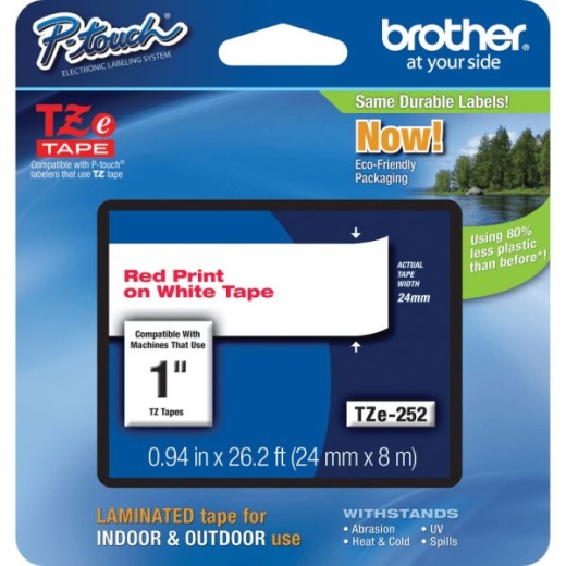 Brother TZe-252 Red-On-White Tape, 1" x 26.2'