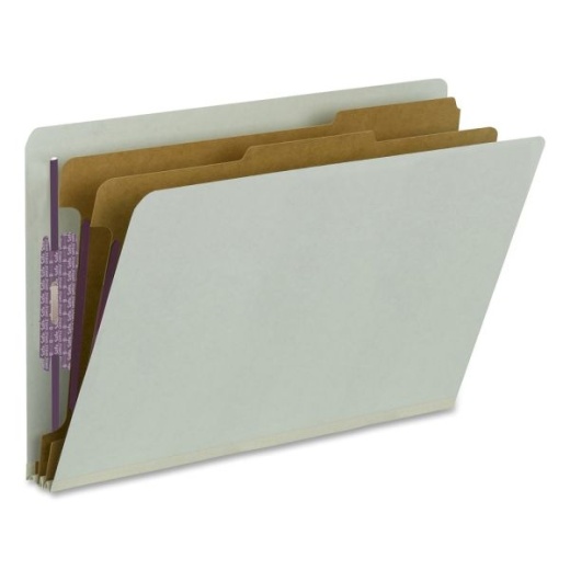 Smead Pressboard Classification Folders with Safeshield Fasteners, End-Tab, 2 Divider, Legal Size, 60% Recycled, Gray/Green, Pack of 10