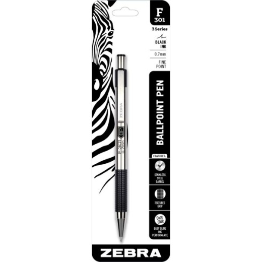 Zebra Pen F-301 Stainless Steel Retractable Ballpoint Pen, Fine Point, 0.7 Mm, Black Ink