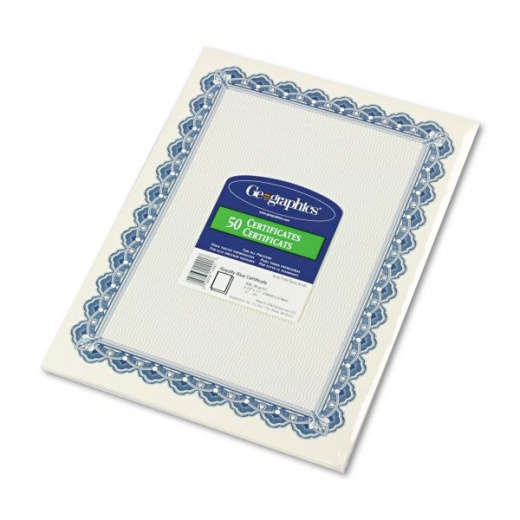 Geographics Archival Quality Parchment Paper Certificates, 11 x 8.5, Horizontal Orientation, Blue with Blue Royalty Border, 50/Pack