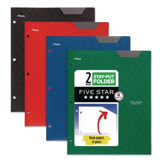 Five Star Two-Pocket Stay-Put Plastic Folder, 11 x 8.5, Assorted, 4/Pack