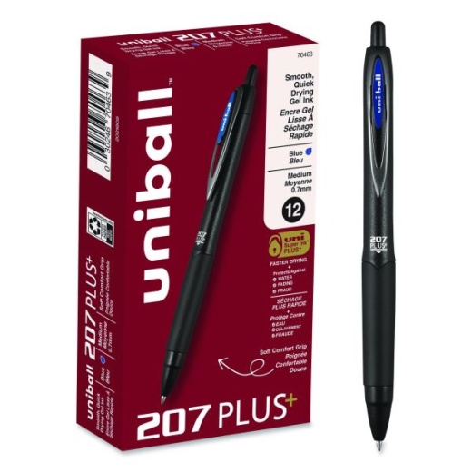 Uniball 207 Plus+ Gel Pen, Retractable, Medium 0.7 Mm, Blue Ink, Black Barrel, Dozen