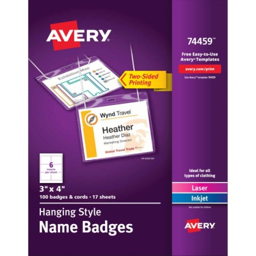 Avery Customizable Hanging Name Badges, Rectangle, 74459, 3" x 4", Clear Holders With White Inserts, Box Of 100