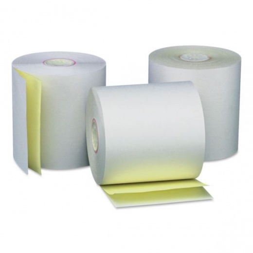 Universal Carbonless Paper Rolls, 0.44" Core, 3" x 90 ft, White/Canary, 50/Carton
