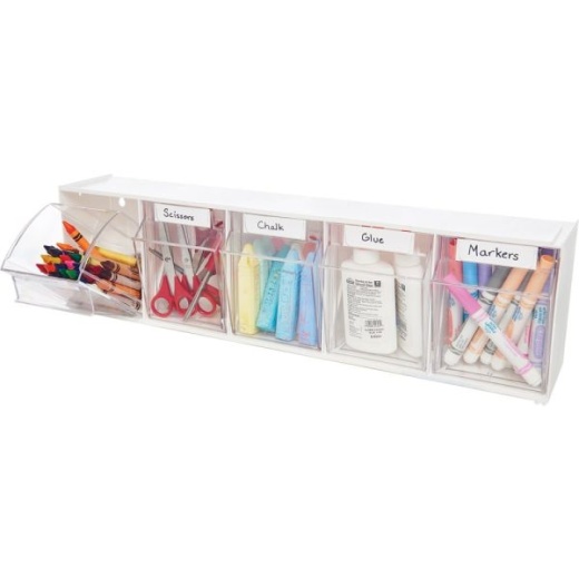 Deflecto Interlocking Horizontal Tilt Bin, 5 Bins, Small Size, 3 3/10" x 23 5/8" x 3 5/8", White/Clear