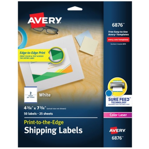 Avery Print-To-The-Edge Shipping Labels With Sure Feed Technology, 6876, Rectangle, 4-3/4 x 7-3/4, White, Pack Of 50