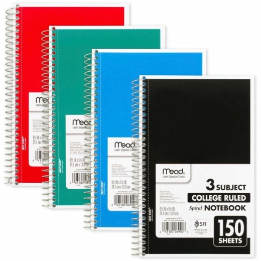 Mead Spiral Notebook, 3-Subject, Medium/College Rule, Randomly Assorted Cover Color