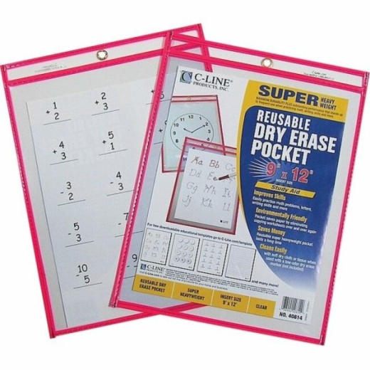 C Line Reusable Dry-Erase Pocket - Red, 8 1/2" x 11", Box of 30