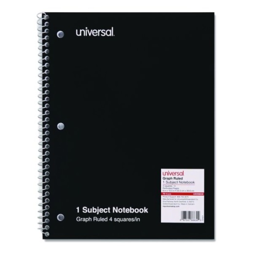 Universal Wirebound Notebook, 1-Subject, Quadrille Rule (4 Sq/In), Black Cover, (70) 10.5 X 8 Sheets