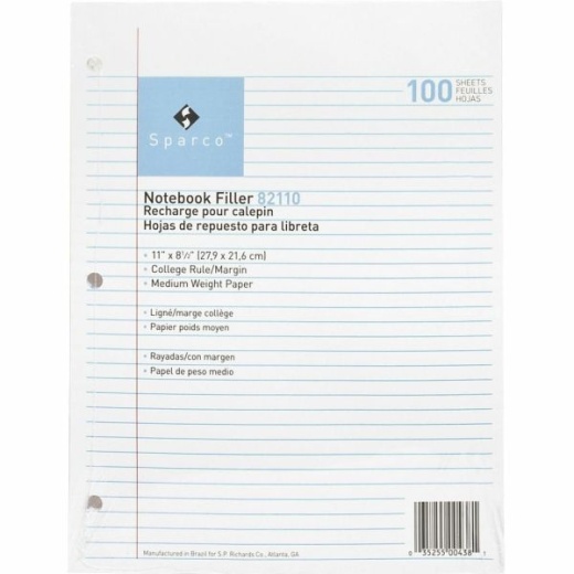 Sparco Notebook Filler Paper, 8-1/2" X 11", College Rule, White, Pack Of 100 Sheets